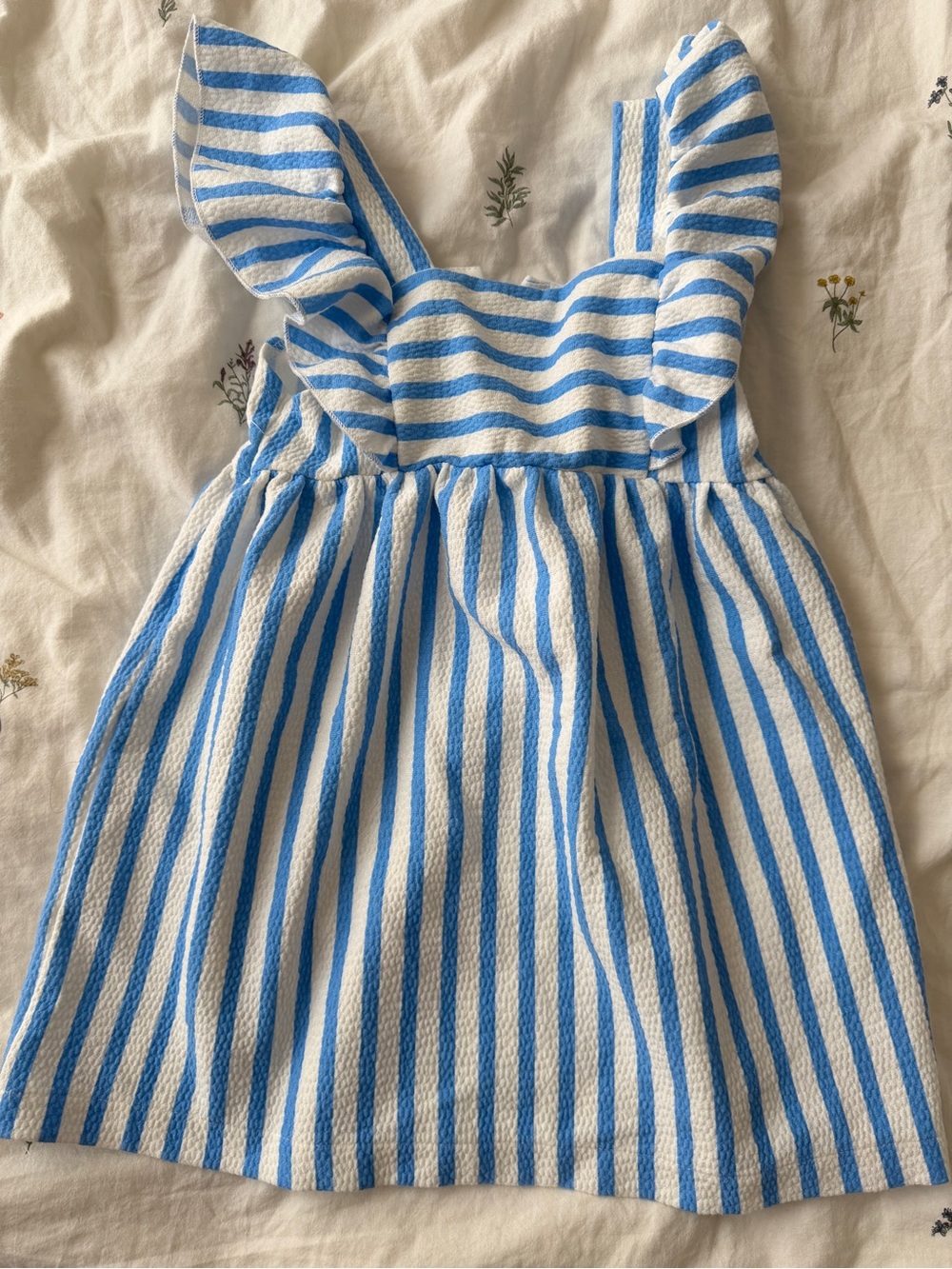 Zara Blue and White Striped Ruffle-Shoulder Dress